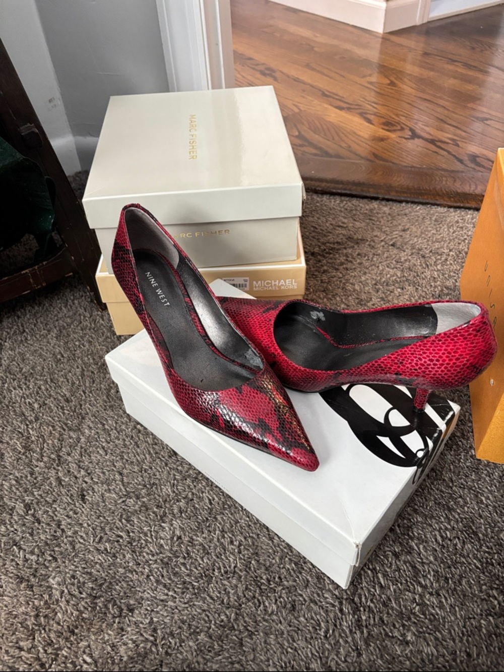 Nine West Red Snake-Print Pointed-Toe Stiletto Pumps